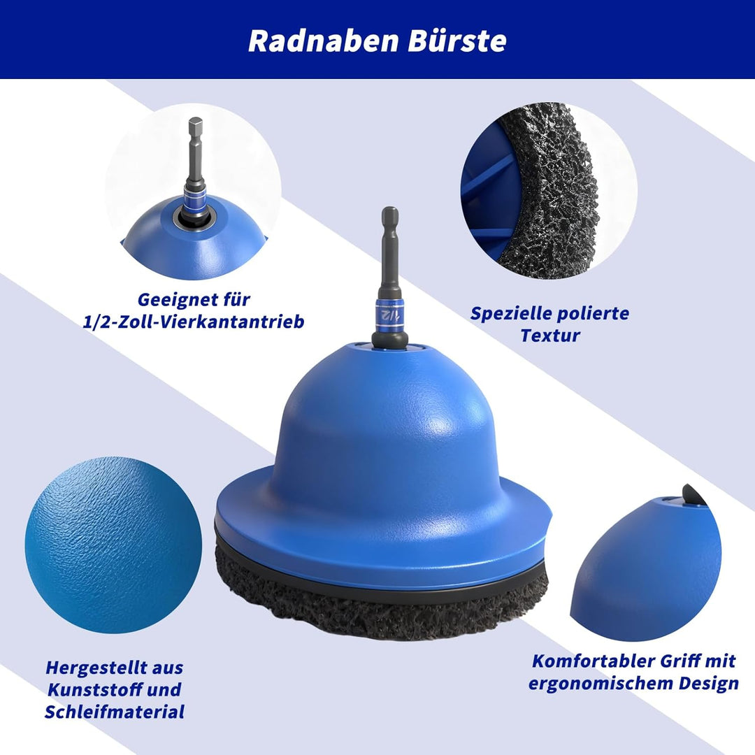 Radnaben Bürste für Auto, Innen-Ø 90mm Aussen-Ø 150mm, inkl. Adapter 1/2 Zoll Vierkantantrieb, für K