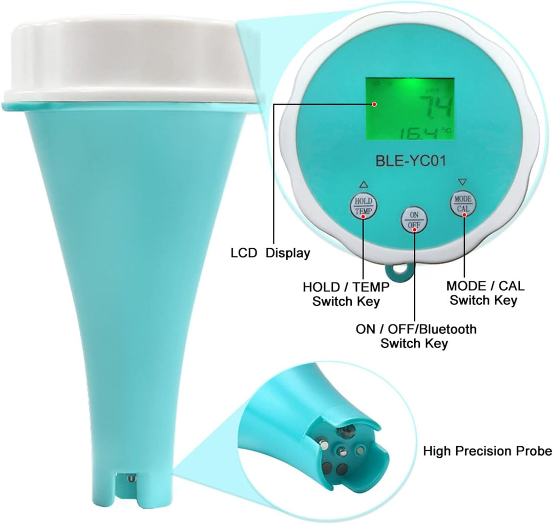 Digitales PH Messgerät, 6 in 1 PH Wert Messgerät Pool, Bluetooth Wassertester PH EC TDS ORP Temp Mon