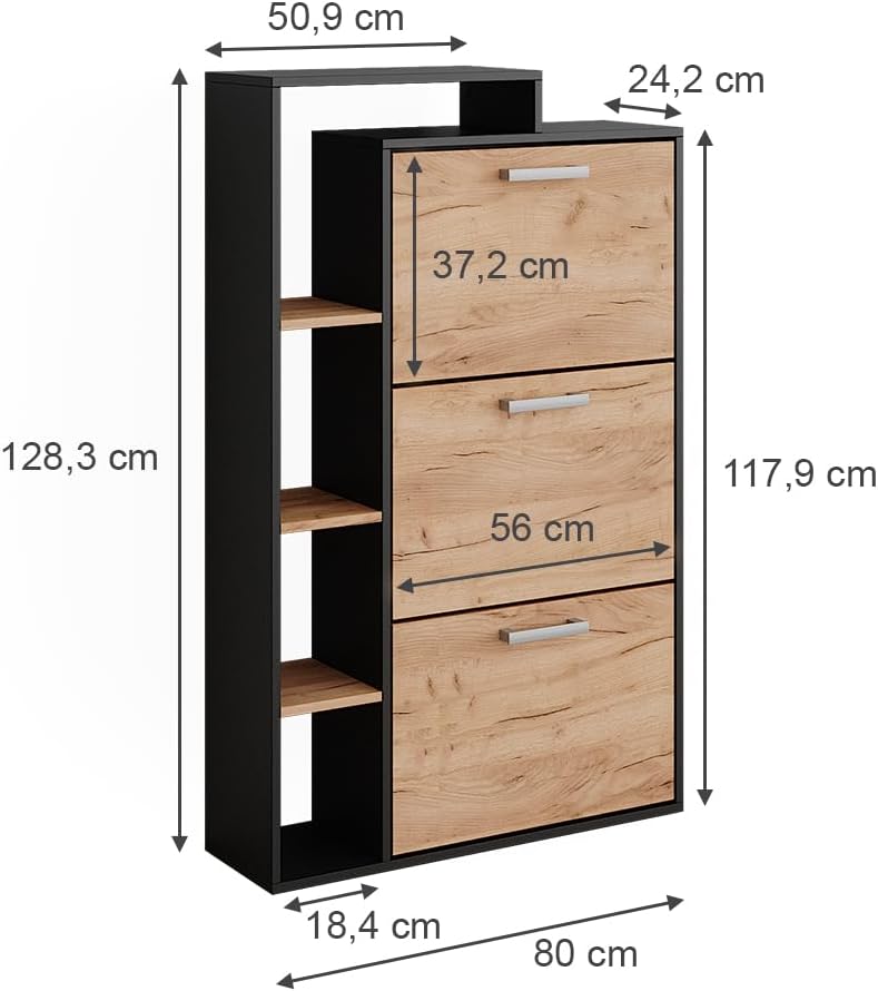 Vicco Schuhkommode Orlando, Goldkraft Eiche, 80 x 128.3 cm mit 3 Fächern Goldkraft Eiche/Anthrazit,