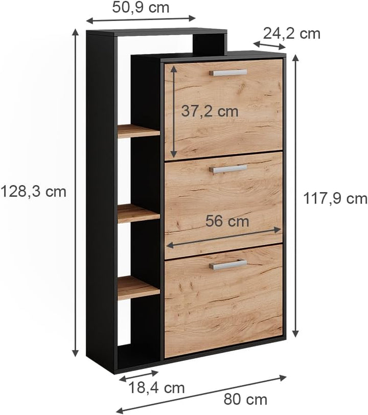 Vicco Schuhkommode Orlando, Goldkraft Eiche, 80 x 128.3 cm mit 3 Fächern Goldkraft Eiche/Anthrazit,