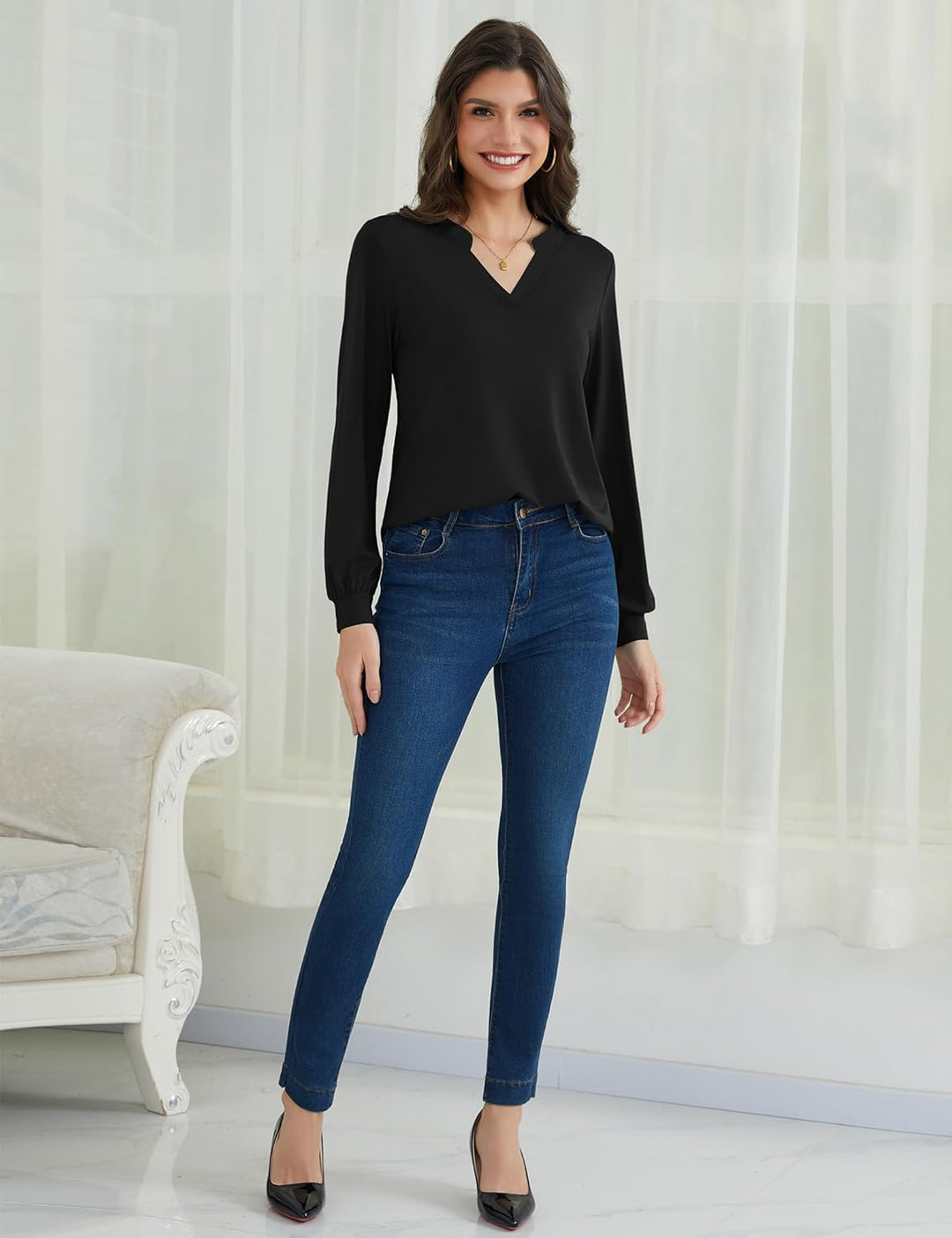 Beluring Langarmshirt Damen Elegant V Ausschnitt Tunika Bluse Einfarbig T-Shirt M Schwarz, M Schwarz