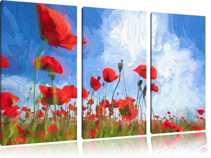 Pixxprint Mohnblumenfeld / 3-Teilig/Gesamtmass 120cm Leinwandbild bespannt auf Holzrahmen/Wandbild K