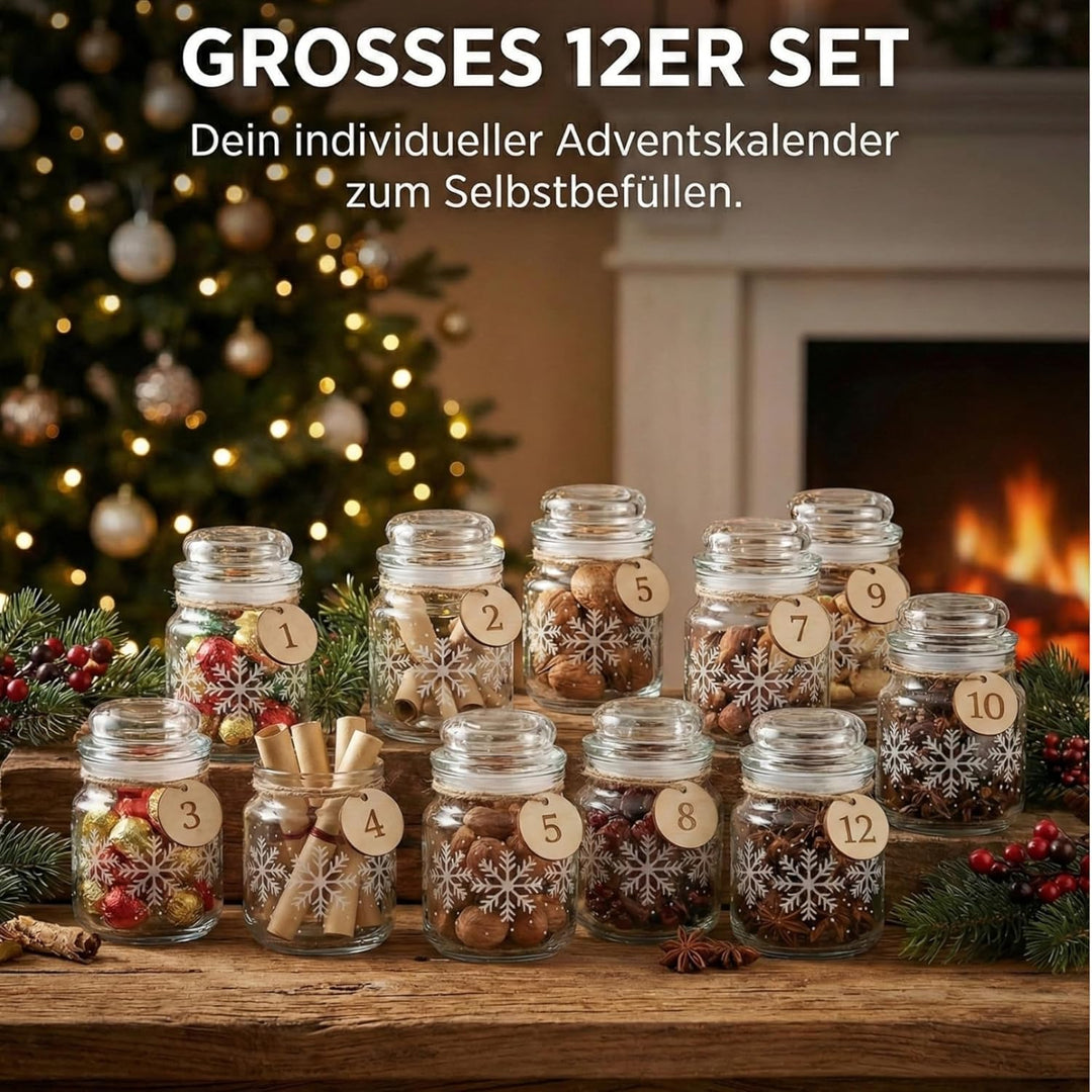 gouveo 12er Set Gläser 100 ml mit Glaskorken - Winter Schneeflocken Design - Vorratsgläser aus Klarg