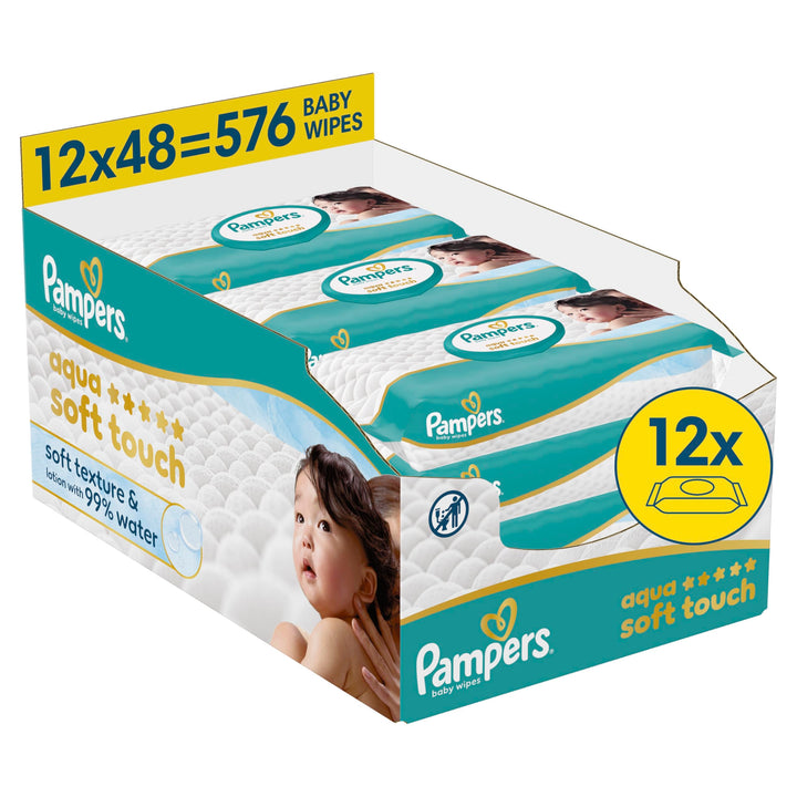 Pampers Aqua Soft Touch Baby-Feuchttücher, 12 Packungen mit 48 Feuchttüchern = 576 Baby-Feuchttücher