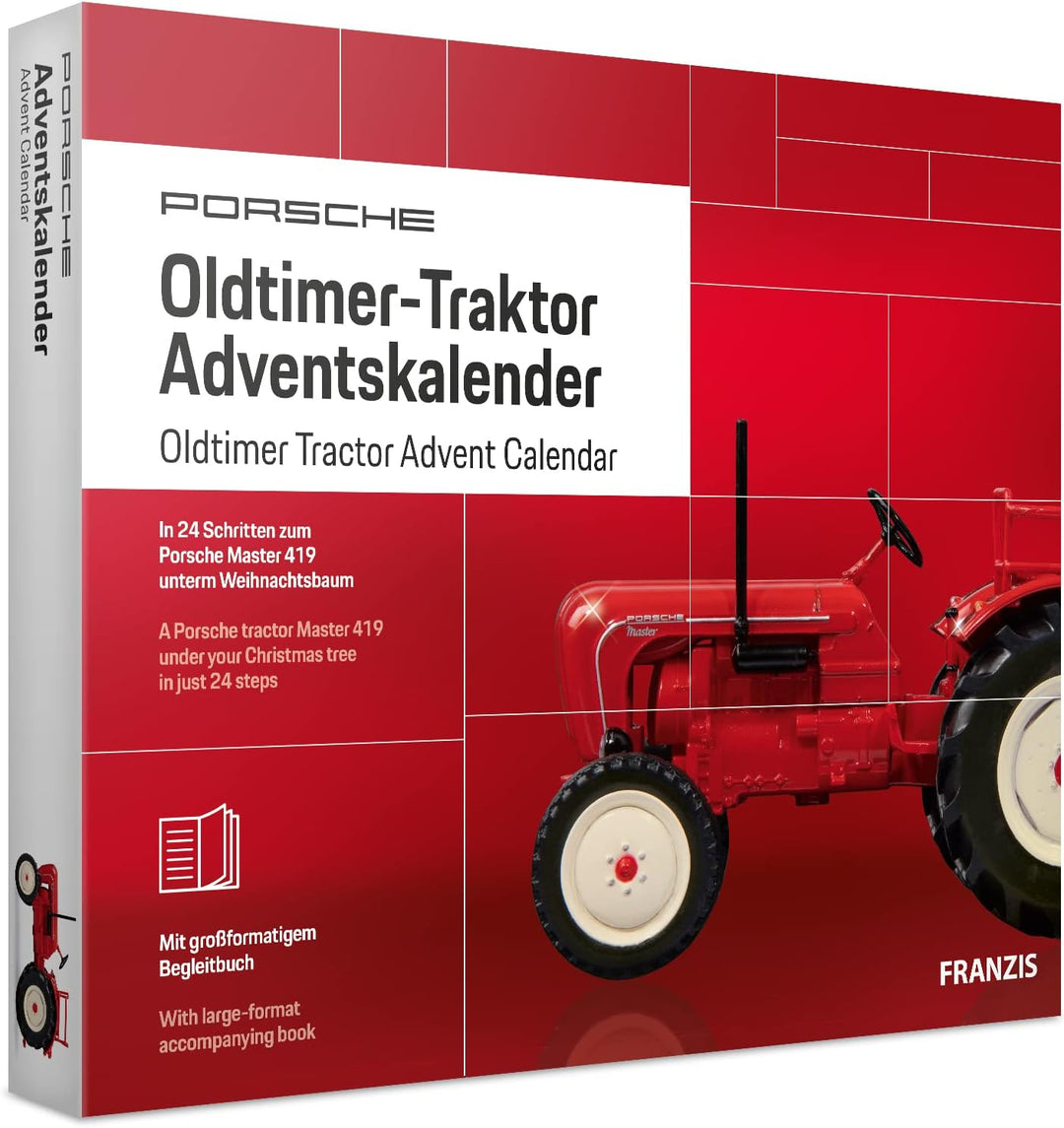 FRANZIS 67067 - Porsche Oldtimer-Traktor Adventskalender 2019, Modellbausatz im Massstab 1:43, inkl.