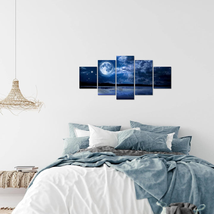 Runa Art Wandbilder Nachthimmel Mond 5 Teilig Bild auf Vlies Leinwand Deko Wohnzimmer Schlafzimmer N