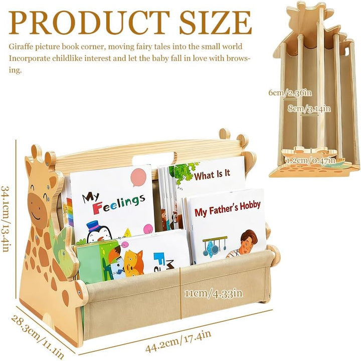 Bücherregal Kinder, doppelseitiges Holzregal mit robusten Canvas-Taschen, mit geschwungenen Kanten,