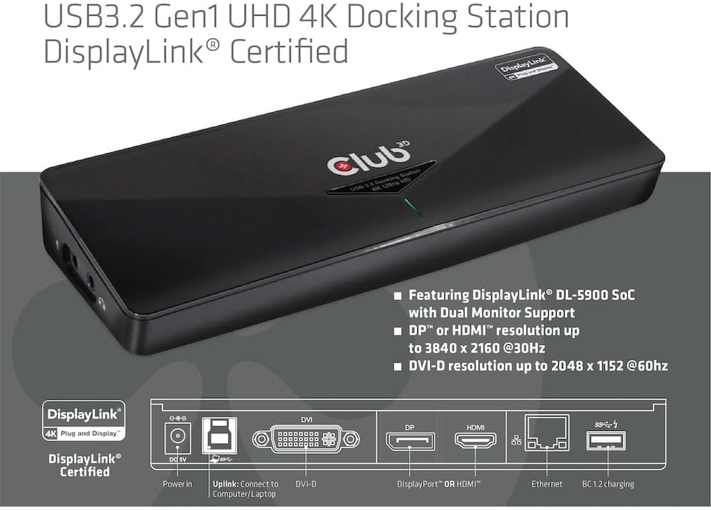 Club 3D 4K Dual Display Dockingstation (HDMI, DisplayPort, DVI 3X USB 3.0) Schwarz, Schwarz