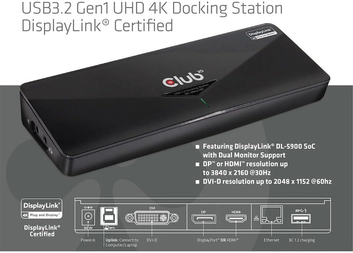 Club 3D 4K Dual Display Dockingstation (HDMI, DisplayPort, DVI 3X USB 3.0) Schwarz, Schwarz