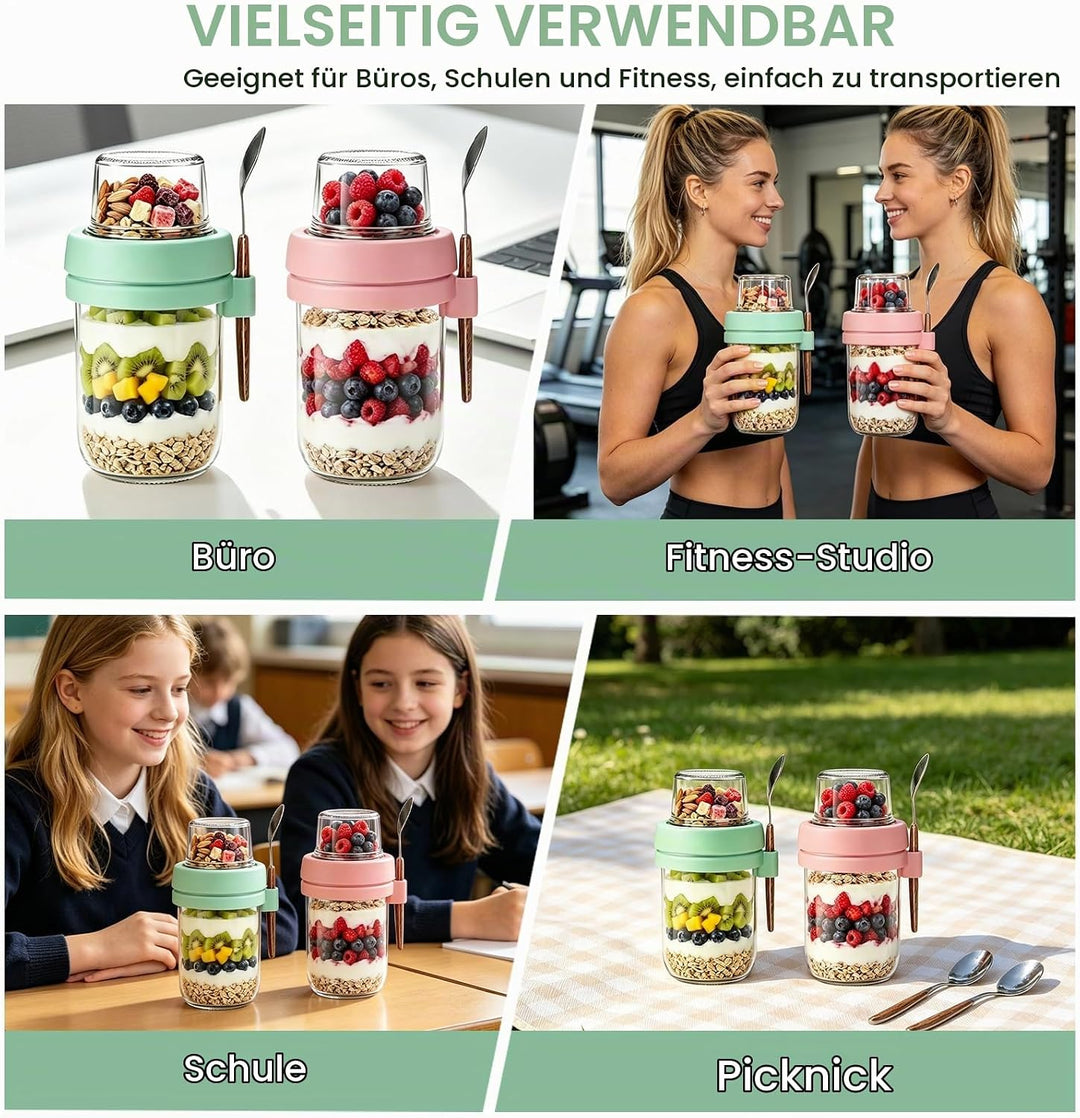 Müslibecher to Go mit Löffel,4 Stück Joghurtbecher mit Toppingbehälter,Overnight Oats Glas, Auslaufs
