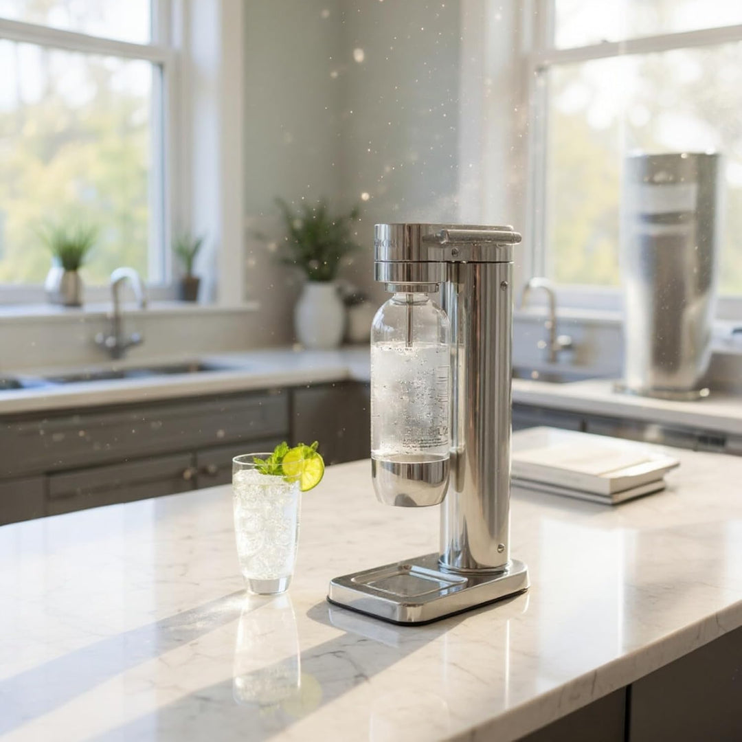 Premium Wassersprudler aus Edelstahl mit 1 x BPA-frei Flaschen SW!ZZ (Chrom finish), Chrom Finish