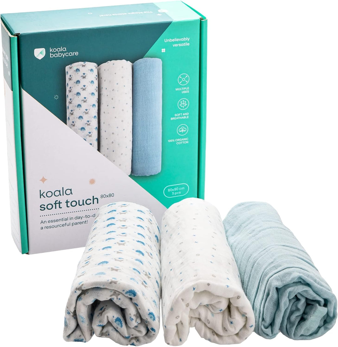 KOALA BABYCARE - Neugeborenes Musselin 80x80 cm - Packung mit 3 Stück - Neugeborenen-Baumwolldecke -