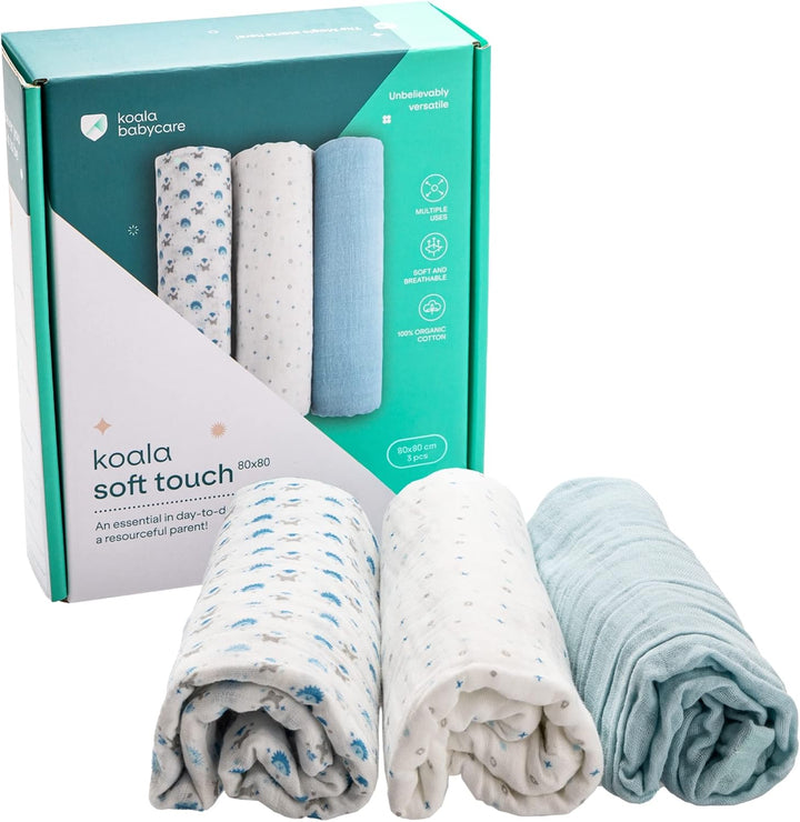 KOALA BABYCARE - Neugeborenes Musselin 80x80 cm - Packung mit 3 Stück - Neugeborenen-Baumwolldecke -