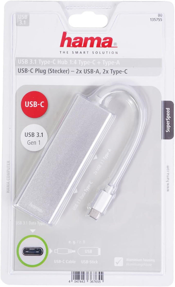 Hama USB 3.1 Type-C Hub, 4-fach (2x USB-A, 2x USB-C, 5 Gbit/s Super-Speed Datentransfer, für PC/Mac/