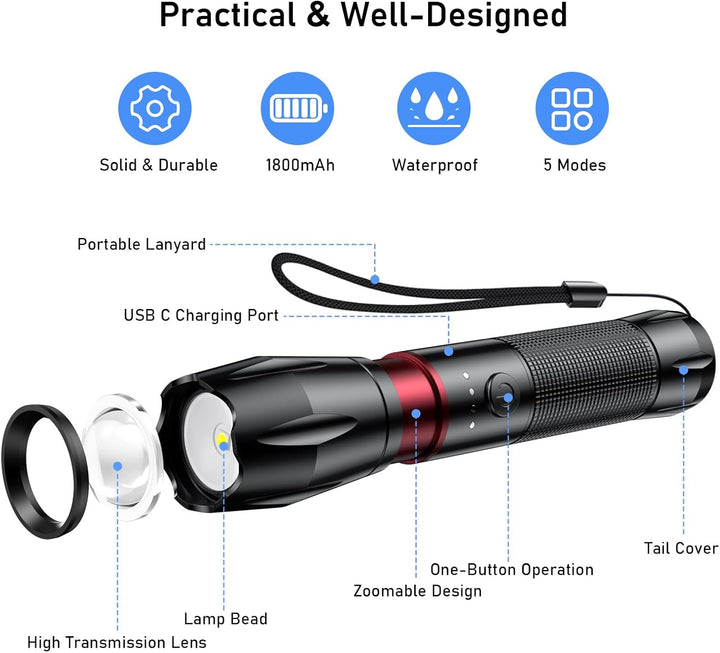 Blukar LED Taschenlampe Aufladbar, [2 Stück] 2000 Lumen Extrem Helle Zoombare Taschenlampen mit 5 Li