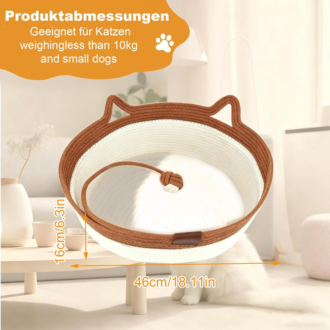 Katzenbett mit Seilball, 46x46x16 cm Rundes Katzenkorb aus Baumwollseilen, Atmungsaktiv Waschbar Dri