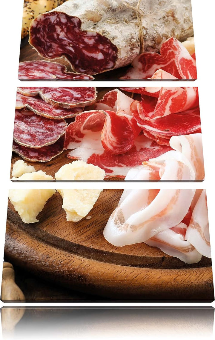 Pixxprint Brotzeit mit Wurst 3-Teiler Leinwandbild 120x80 Bild auf Leinwand