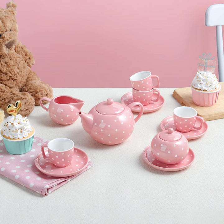 fanquare 12-teilig Porzellan Teeservice für Erwachsene, Mädchen, Rosa Polka Dot Tee Party Set mit Ta