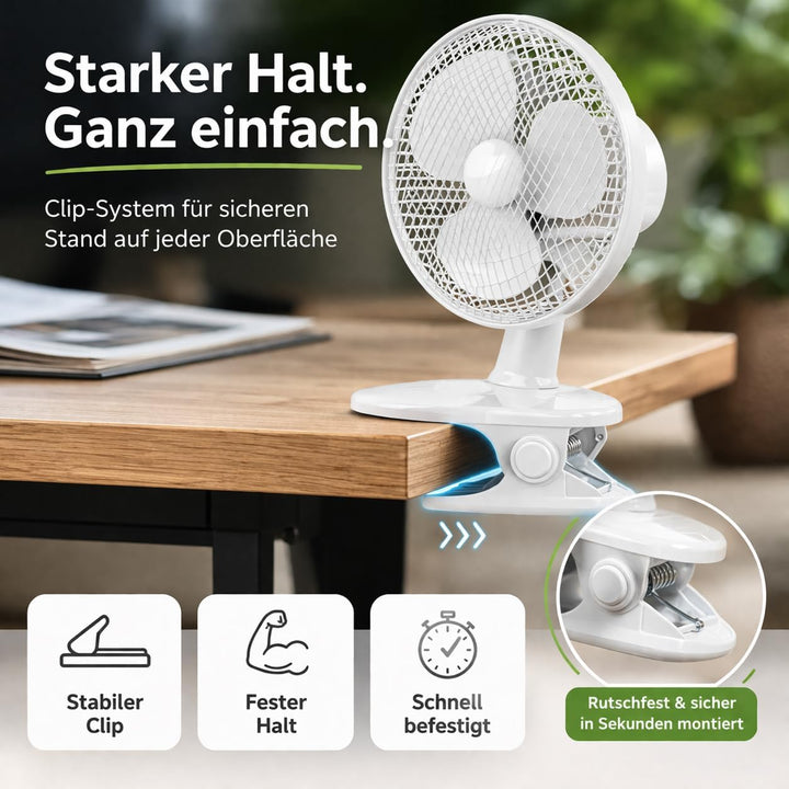 2 in 1 Tragbarer Tischventilator mit Ständer & Clip (20 cm) mit Schwenkfunktion – leiser Ventilator