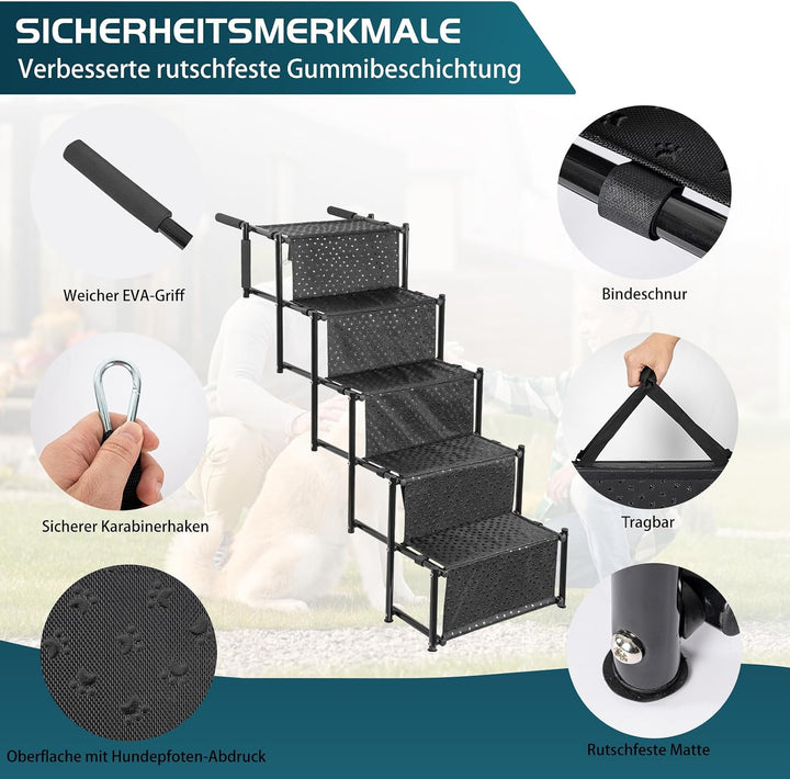 5-stufige Hunde-Autotreppe, Klappbar Hunderampe mit Rutschfester Oberfläche, Hundetreppe für Kleine