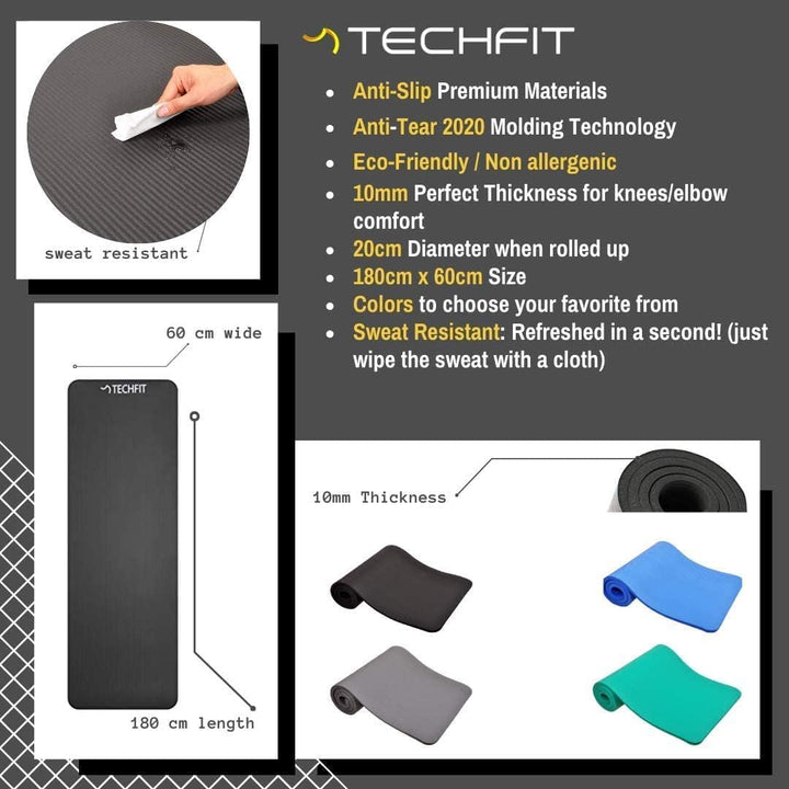 TechFit Yogamatte Rutschfest für das Fitnessstudio zu Hause - Pilates Matte für das Heimtraining, Yo