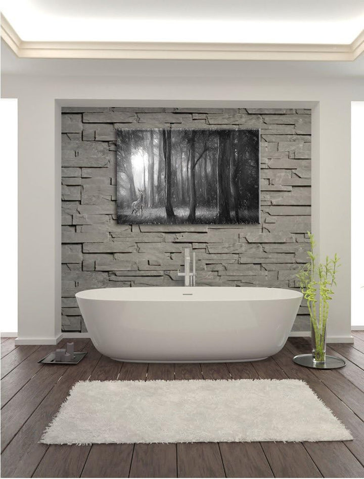 Pixxprint Einsamer Hirsch im tiefen Wald Kunst Kohle Effekt, Format: 100x70 auf Leinwand, XXL riesig