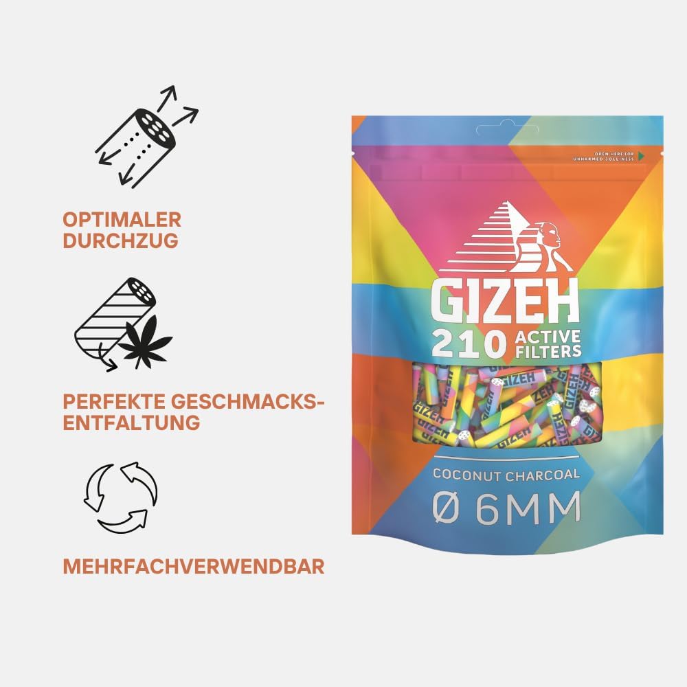 GIZEH RAINBOW Active Filter – Aktivkohlefilter 6 mm Durchmesser im 210er Pack – Aktivkohlefilter sli