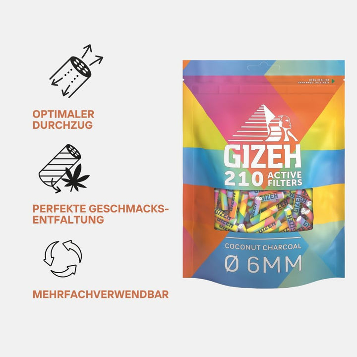 GIZEH RAINBOW Active Filter – Aktivkohlefilter 6 mm Durchmesser im 210er Pack – Aktivkohlefilter sli