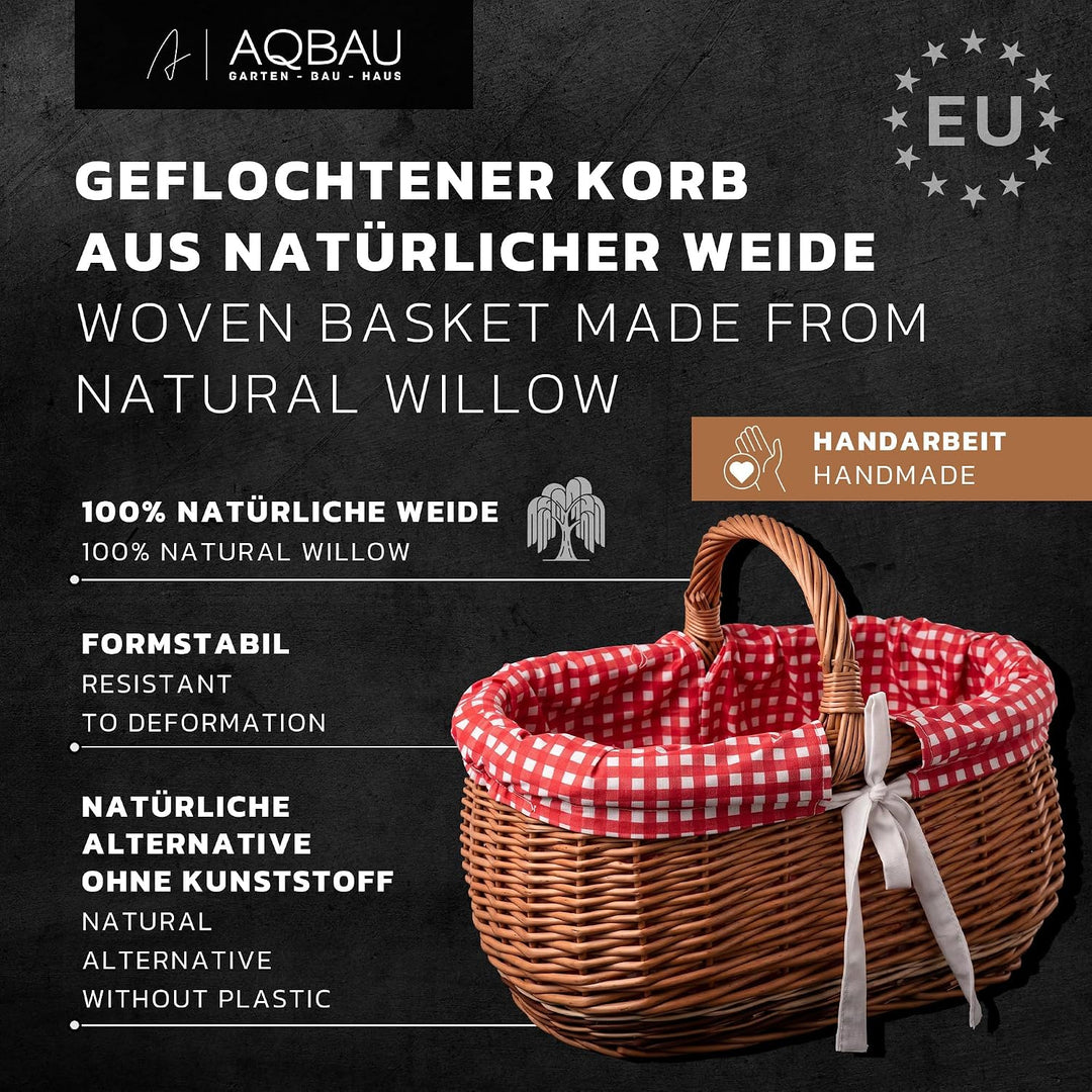 Weidenkorb mit Henkel gross – Einkaufskorb aus Naturweide mit Stoffeinlage (3 Designs) – Picknickkor