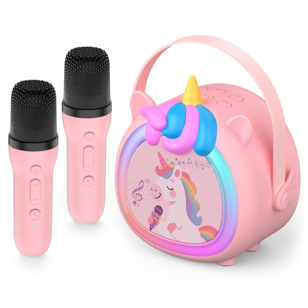 Kinder Karaoke Maschine mit 2 kabellosen Bluetooth Mikrofonen, Kompaktes Einhorn Musikspielzeug mit