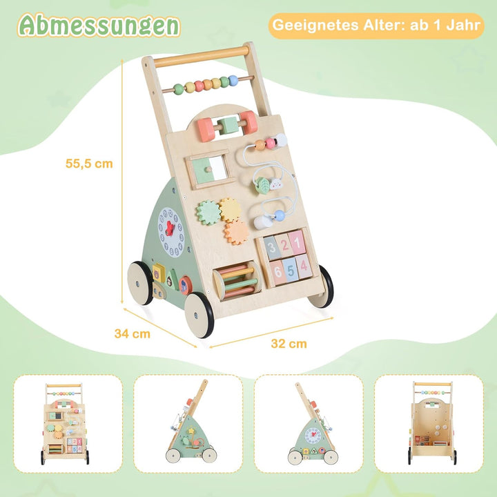 COSTWAY Baby Lauflernwagen Holz, Lauflernhilfe mit Activity Board, Rädern & Aufbewahrungskorb, Laufw