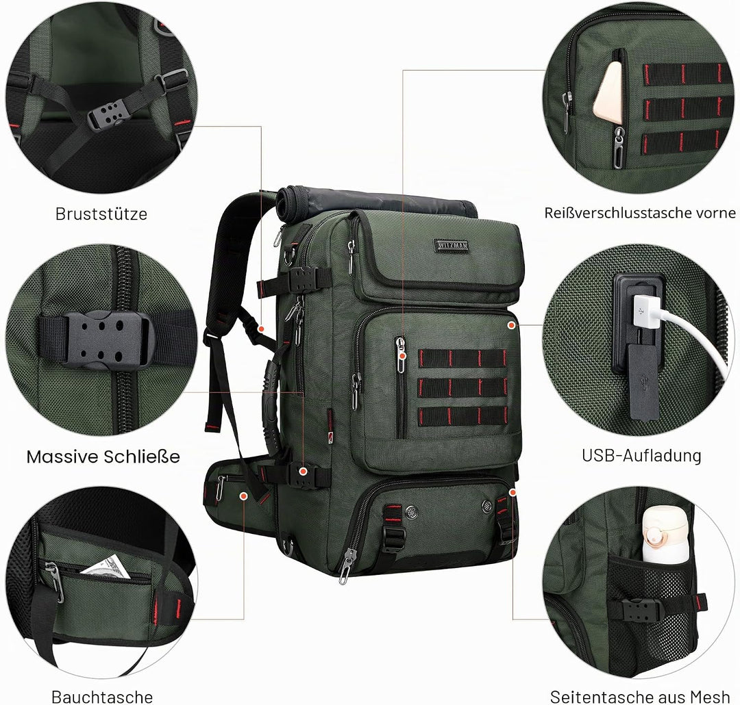 WITZMAN Reiserucksack Herren Gross Nylon Laptop Rucksack Fit 16 Zoll Reiserucksack Reisetasche mit S