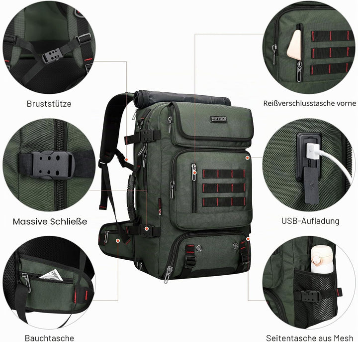 WITZMAN Reiserucksack Herren Gross Nylon Laptop Rucksack Fit 16 Zoll Reiserucksack Reisetasche mit S