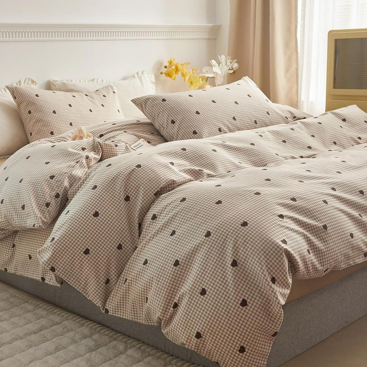 Freyamy Bettwäsche 135x200cm 2teilig Khaki Braun Herz Kariert Wendebettwäsche Liebe Gitter Bettwaren