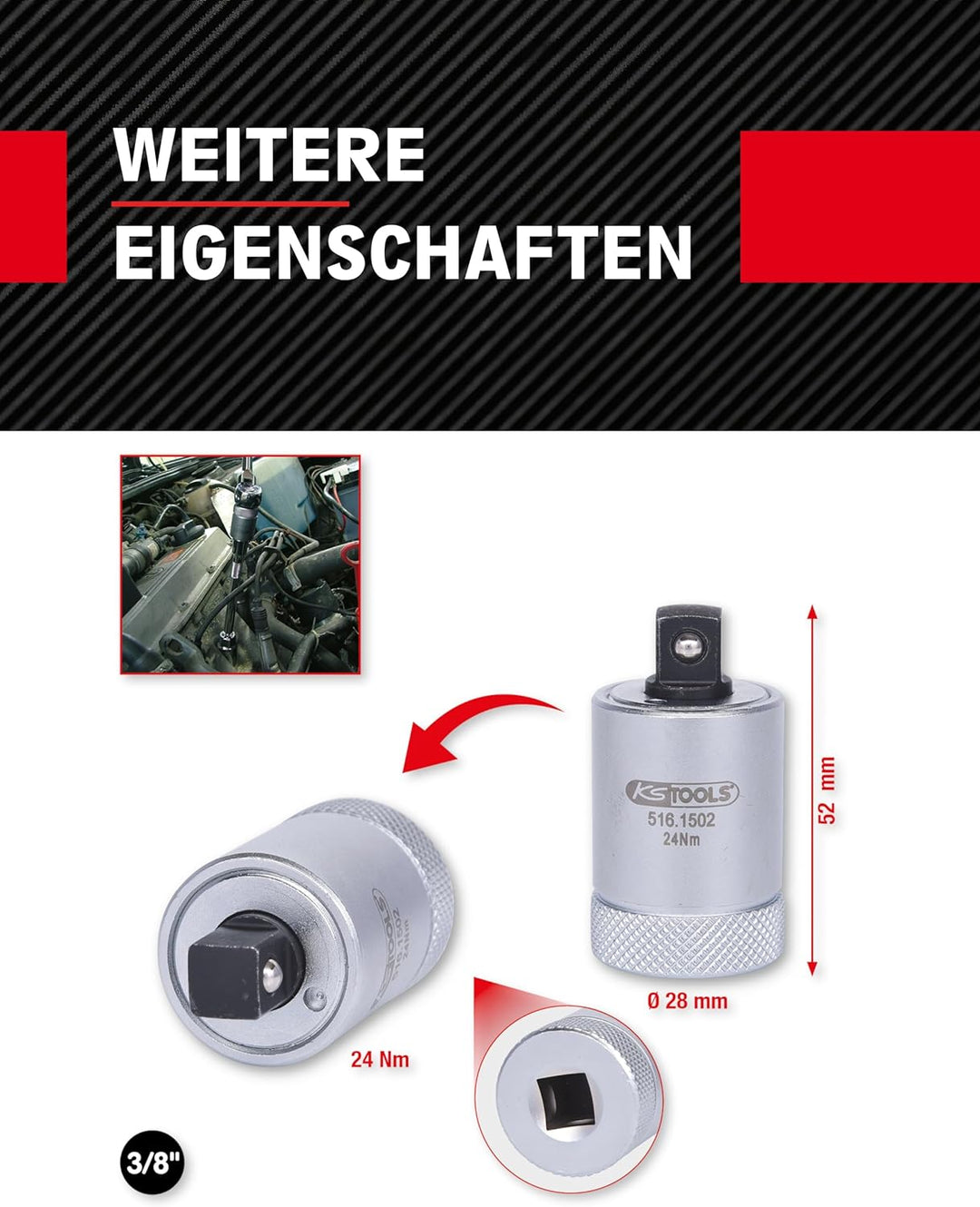 KS Tools Drehmomentbegrenzer für Zündkerzen 3/8 516.1502 I 24Nm I Drehmomentbegrenzer für Drehmoment