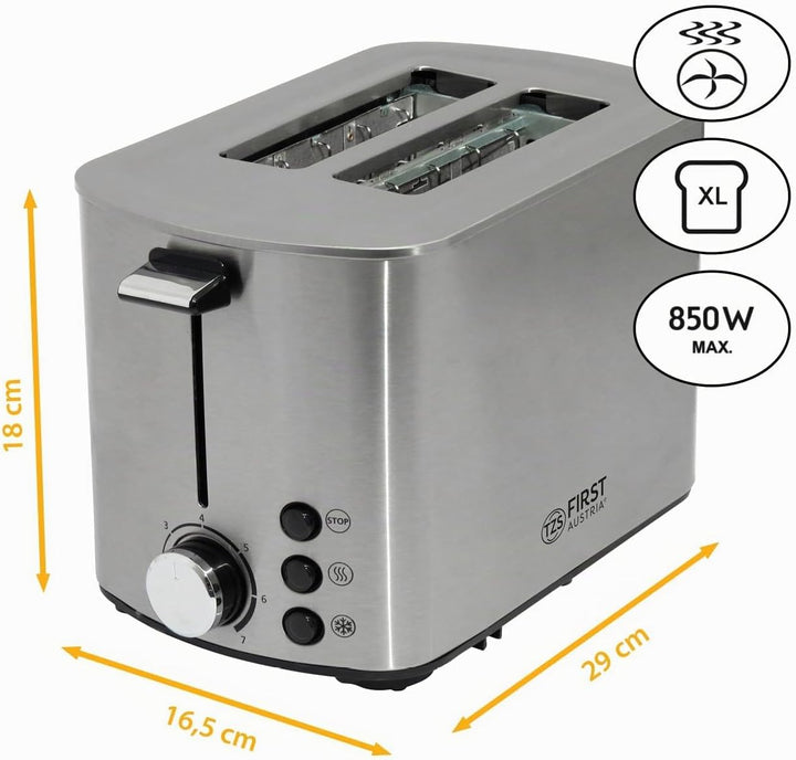TZS First Austria Toaster | Edelstahl | 2 Scheiben | 850W | 7 Stufen | Warmhaltefunktion | abnehmbar