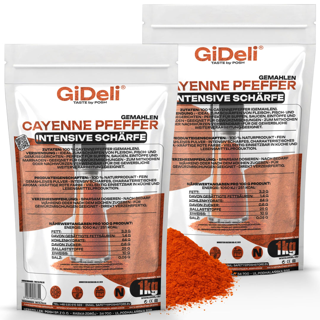 GiDeli Cayenne Pfeffer 2 x 1kg - Fein Gemahlenes Chilipulver für Fleisch, Fisch, Suppen und Sossen -