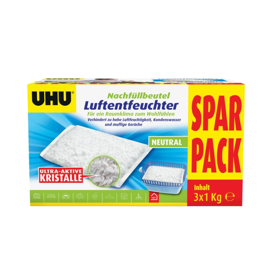 UHU Luftentfeuchter Nachfüllbeutel, Verhindert Feuchtigkeit und muffige Gerüche, 3 x 1000 g Sparpack