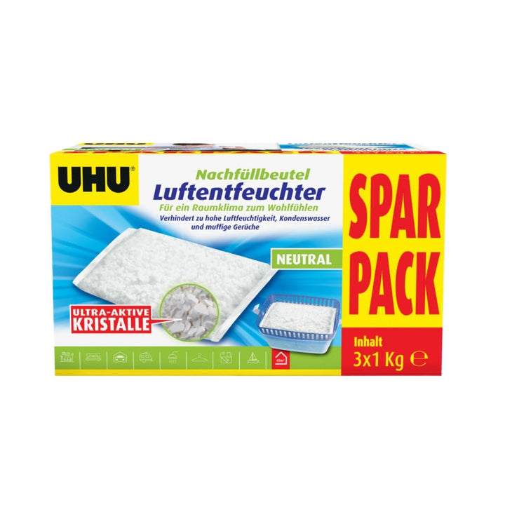 UHU Luftentfeuchter Nachfüllbeutel, Verhindert Feuchtigkeit und muffige Gerüche, 3 x 1000 g Sparpack