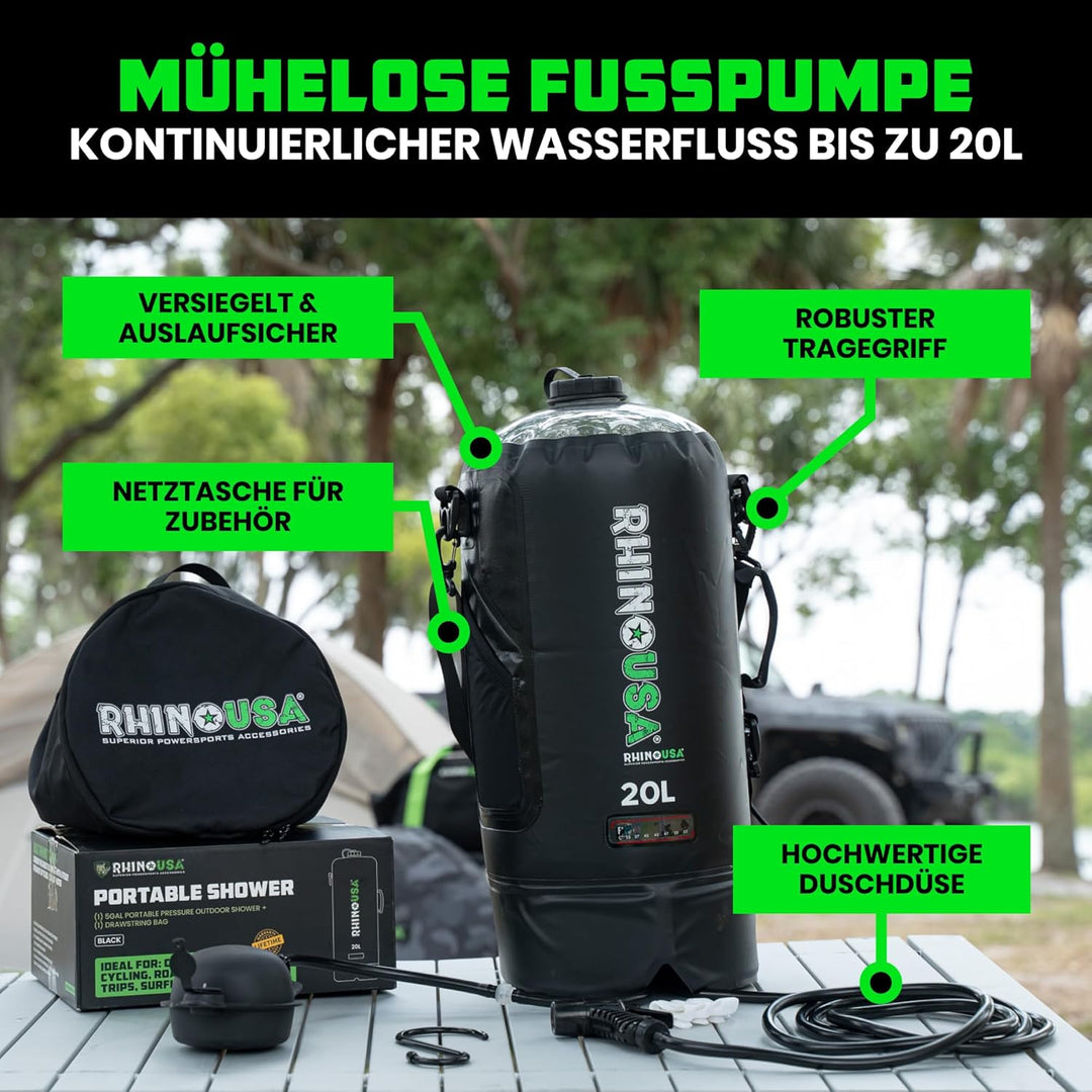 Rhino USA Tragbare Solar-Campingdusche mit 20 l Fassungsvermögen – unverzichtbar für Camping, Festiv