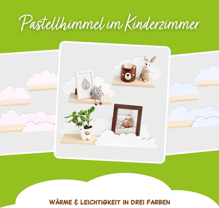 Outentin Wandregal Wolke aus Holz – 3er Set Kinderregal für Kinderzimmer & Babyzimmer – Handgefertig