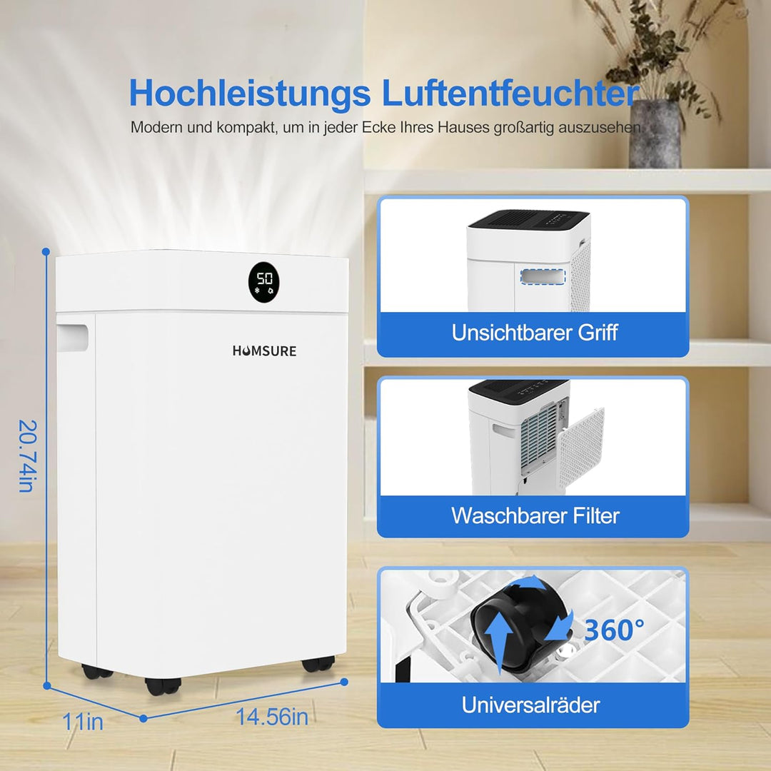 Luftentfeuchter 20L, Luftentfeuchter Kellerräume 200m³ (~50 m²) mit Digitalanzeige, Timer, Automatis