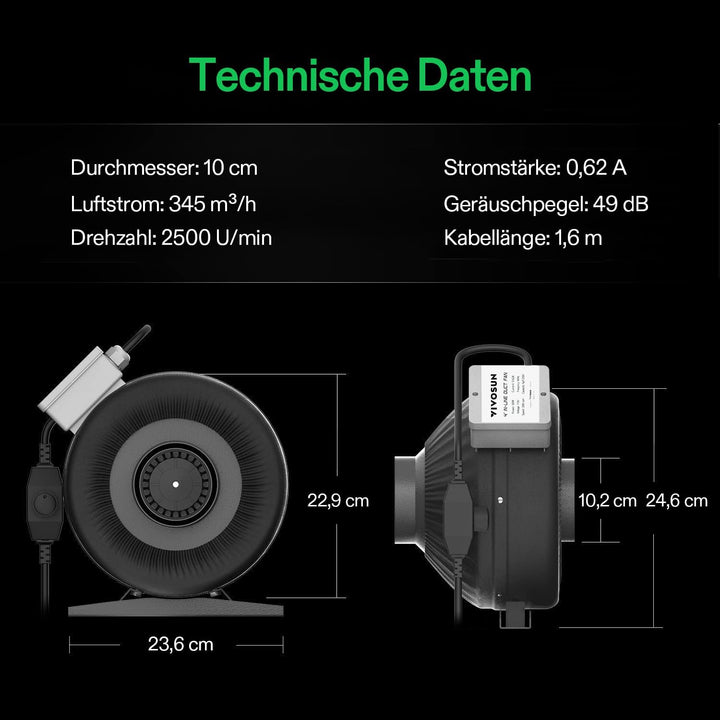 VIVOSUN Rohrventilator 100mm Abluftventilator 345m³h Rohrlüfter mit Variabler Drehzahlregler für Gro