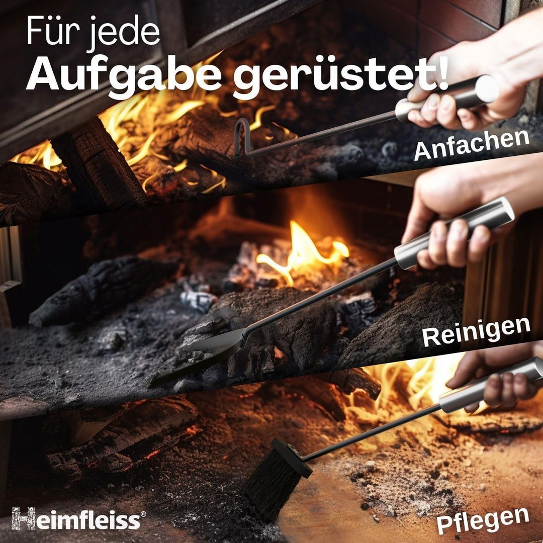 Heimfleiss® Kaminbesteck Grau Modern | Kaminzubehör mit Edelstahl Griffen | Ofenbesteck Kaminbesteck