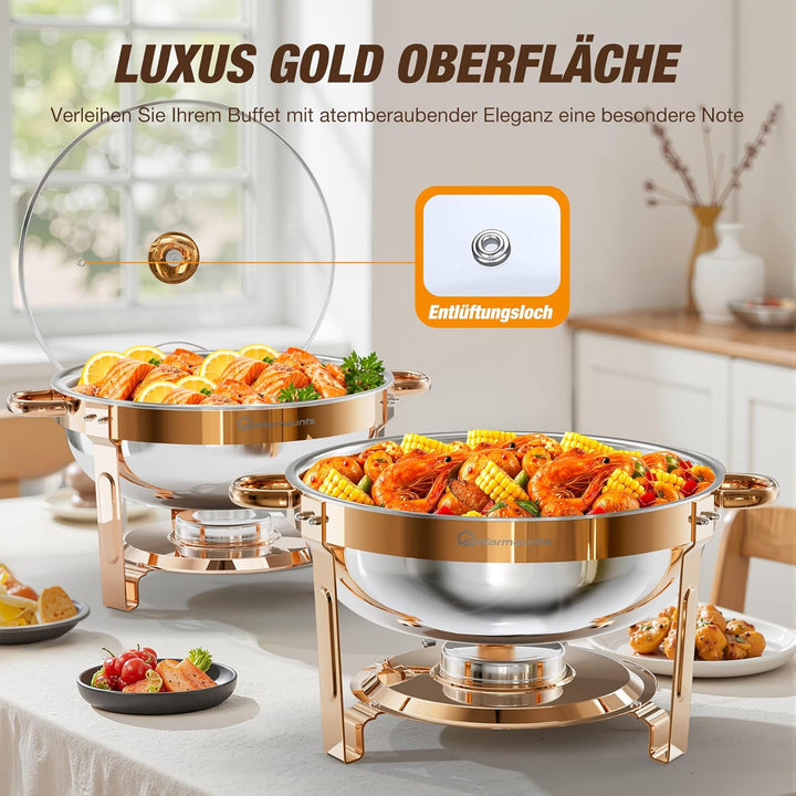 WARMOUNTS Rose Gold Chafing Dish Buffet 5L 4er Set, Rund Speisenwärmer für Catering mit Glasdeckel &