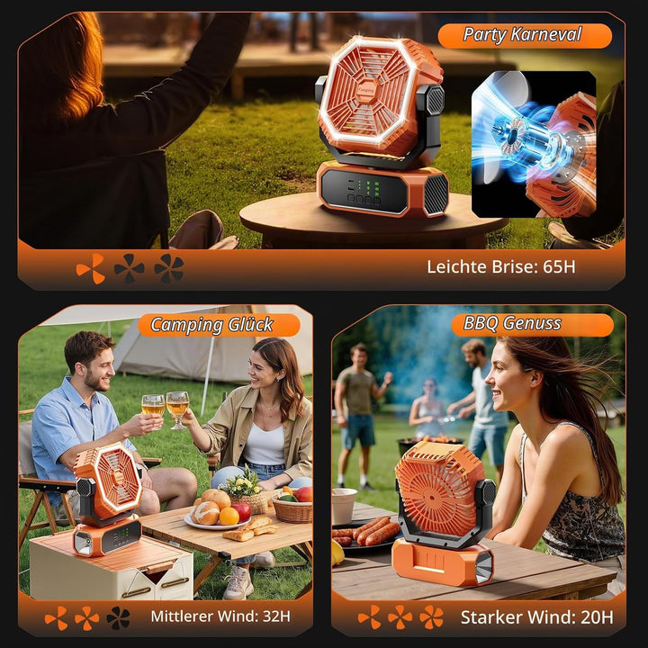 Tragbarer Campingventilator mit Licht, Camping Ventilator mit Fernbedienung, Timer, 3 Geschwindigkei