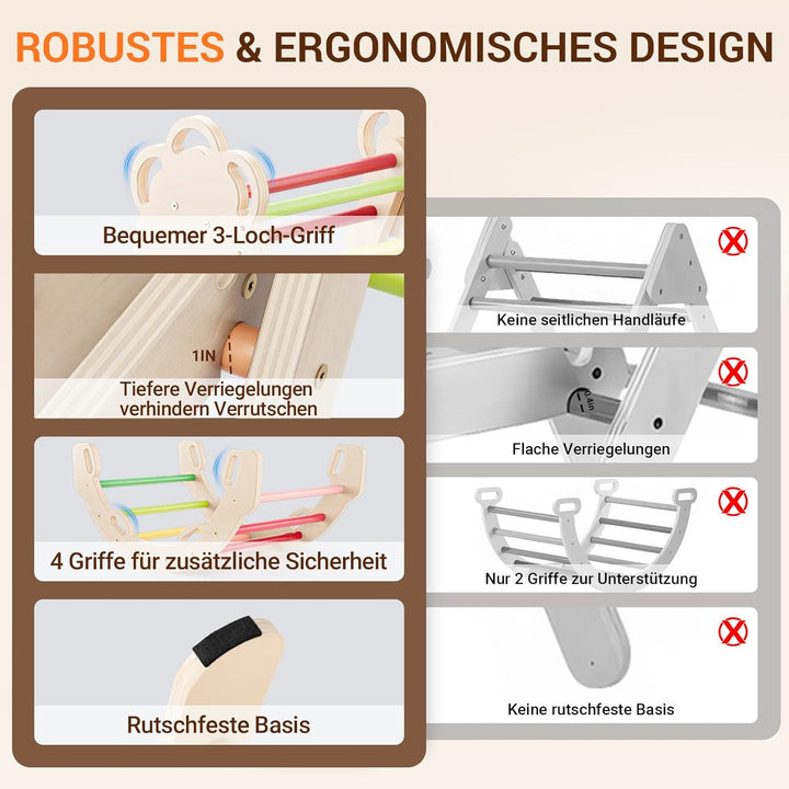 COSYLAND 8-in-1 Klettergerüst Indoor L – Grosses Kletterdreieck Set mit Kletterbogen & Rutsche – War