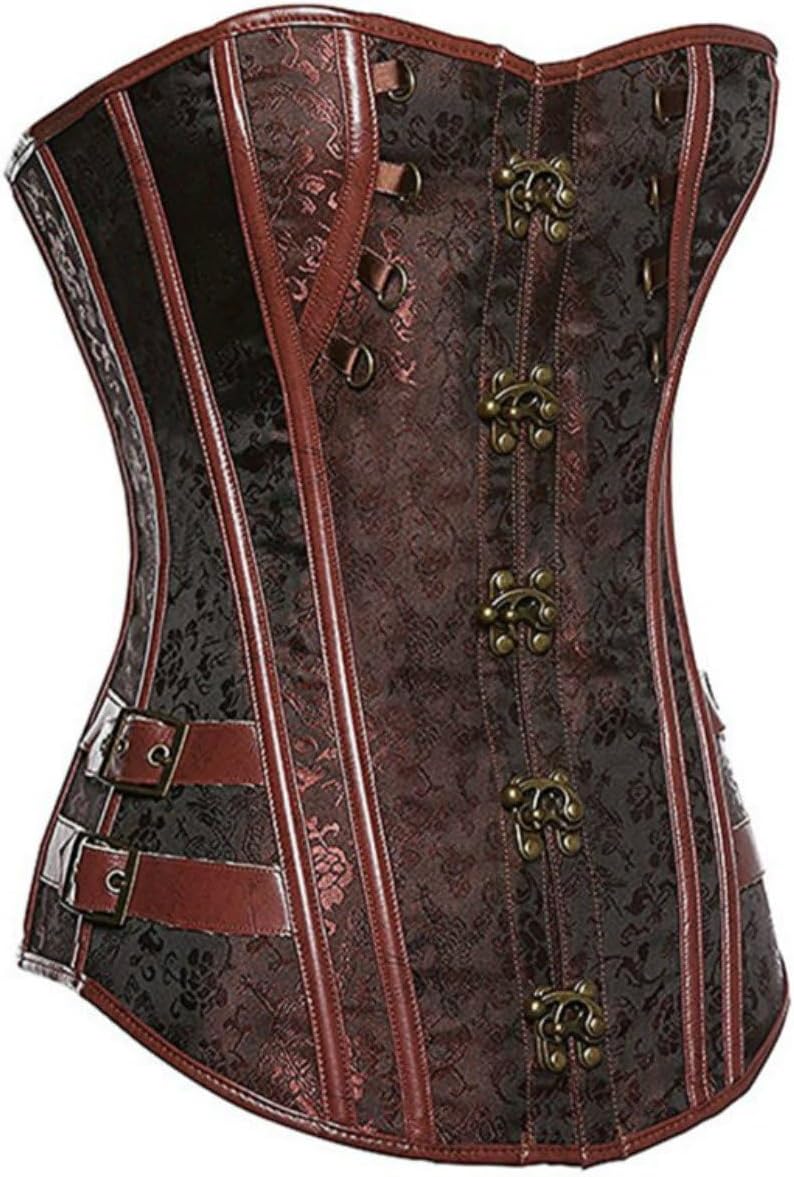KUOSE Damen Vollbrust Faux Leder Steampunk Corsage Korsett Übergrössen S-6XL, XS Braun-1