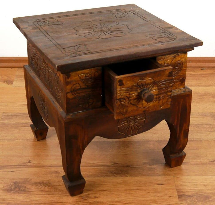 livasia Opiumtisch mit Schublade, Beistelltisch, Couchtisch, Nachttisch, Holztisch aus Bali, Handarb