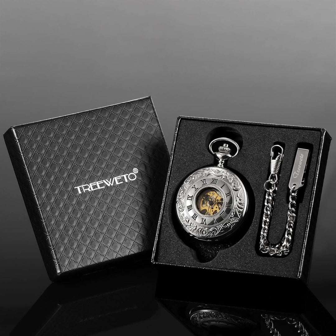 TREEWETO Unisex Taschenuhr mit Kette Analog Handaufzug Doppelscharnier Römische Ziffern Gold/Silber